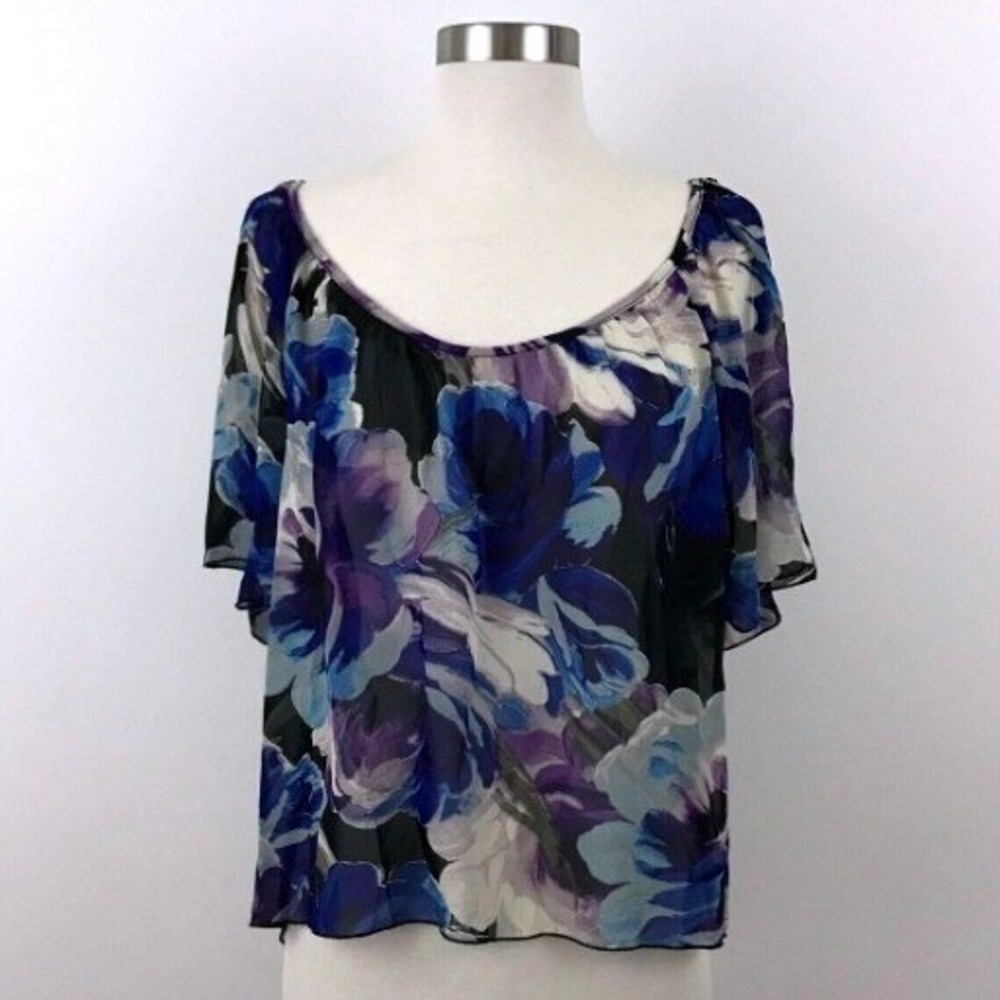 Love 2 Love Top Women Medium Sheer Floral Crochet Back Cold Shoulder‎ Hi Lo Hem